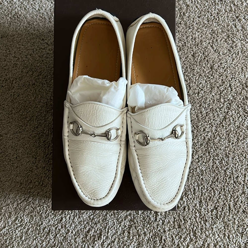 Gucci Men's Size 11.5 White Leather Horsebit Slip On Driving Loafers ITALY